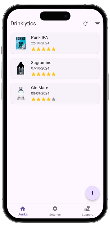 the screenshot of an app used for drink tracking